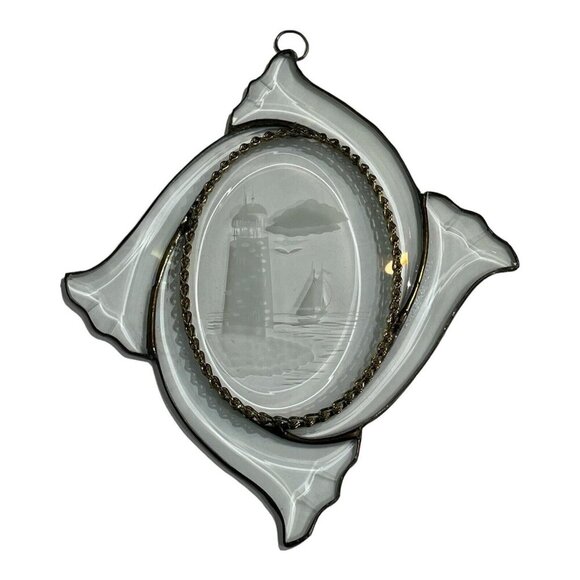 Vintage Clear Etched Lighthouse Sailboat Sea Window Hanging Suncatchers Metal - Picture 2 of 11